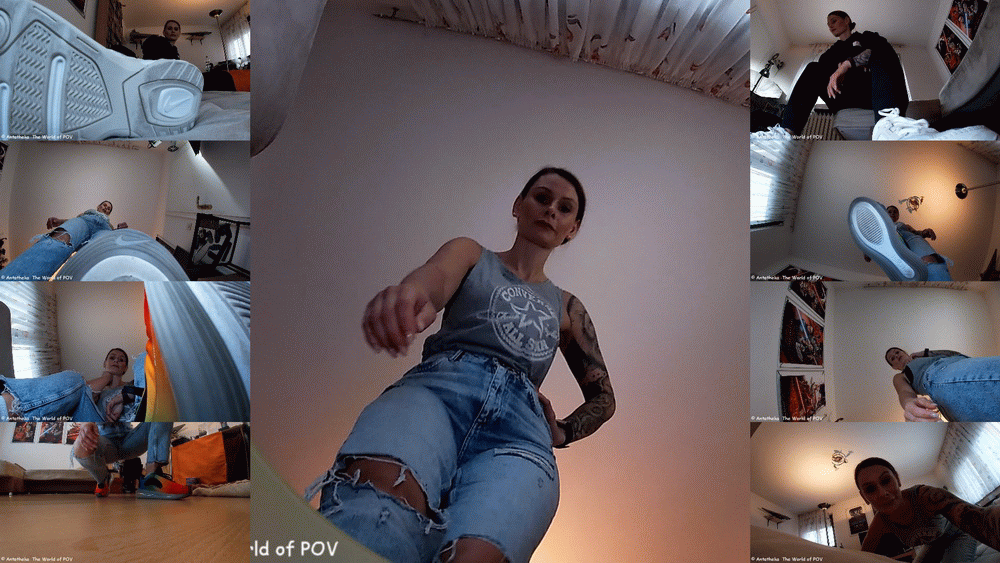 Our new goddess Nadin plays a deadly game of hide & seek with her bugmen.
Those who hide well can continue to live. However, those who are found by her are less fortunate.
Because these tiny ones don't stand a chance against her powerfull sneakers.
many talking (german), great pov views, sneakers, no subtitles