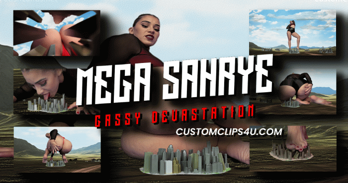 Sahrye is a Mega Giantess and hungry. First, she decimates a city with her feet then she twerks and crushes a city after that she eats some people and that makes her gassy so the rest of the video is her farting on and crushing cities. 3 Cameras catch all the angles. 

Sahrye, Giantess, Crush, Ass Crush, POV, Booms, Shakes, Farts, Burps, Mega Giantess
