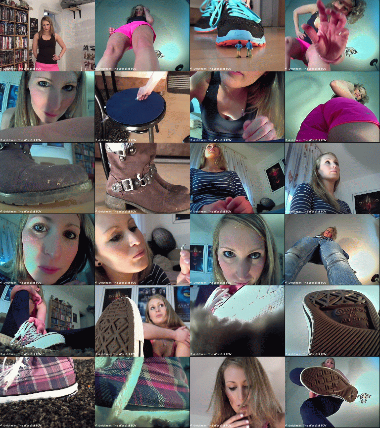 The first collection with our cute model Joanna and some shrunken people!
A little man climbs up to her knee, but he gets caught and punished.
Then she shrinks her ex boyfriend and his new girl to have some revenge.
In the third movie you try to hide in the carpet and you hope she doesn't see you. But her shoes are coming closer and closer
Many close ups, great pov views, crush, butt crush, boots, sneakers, chucks and a beautiful girl - Enjoy!