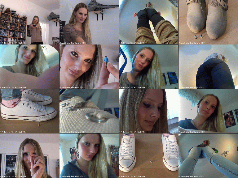 Two new movies with our tall Model Selina and some shrunken people!
First a shrunken man climbs up to her knee, but he get caught and punished.
In the second video she shrinks her ex boyfriend and his new girl to have some revenge.
Great close-ups, cool pov views, sneakers, boots, crush, butt-crush and a very cute girl - Enjoy!