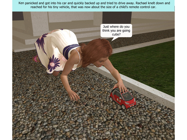 Shrink Tech 1
This is a 427-image comic that deals with what would could happen if the technology existed to reduce the size of people and things.  This set is comprised of the follow short stories. 
1.Auto Shrink. This story is about a man whose car has a space savings feature built in. It shrinks when not in use to save space for parking. However, in this story the main character is shrunk inside his car when an accident happens. He is found by an 18-year-old girl who takes advantage of his situation. This story has lots of hand held scenes and a sexual scene. 

2.No Men Allowed. This story is about a women’s clothing story that has installed a shrinking device into its security system. All men who enter the store are shrunk to random sizes between ant sized and approximately 12 inches tall. This story has some evil giantess and some gentle giantess elements. Lots of hand held scenes, unaware crush, intentional crush and vore. 

3.Dance Floor Blues. This story is about a night club for women that sets shrunken men free on the dance floor with the promise if they can make it to the front door without being crushed they will win $100,000 and be restored back to their normal size. Lots of unaware crush in this story.
 
4.Mugging. This short story is about a man who is shrunk and forced to give his female captor his pin number at an ATM so she can withdraw his money. This is a short handheld set.

5.Shrink App. This story is about a goth girl being harassed by a football jock who won’t let her go into her class. She shrinks him down to the size of a small ant and steps on him. 

6.Karma. This story is about a military officer who is constantly sexually harassing all the women around him. He visits a defense contractor with a female officer and he is shrunk down to the size of a Barbie doll. There is some rough foot play when his female partner gets some revenge. He is left in the lobby while the two women go negotiate a contract for the government. While they are gone an 18-year-old girl in private school comes into visit her mother. She sees the little man and kidnaps him. She takes him home and forces him to wear doll clothes and treats him like a little girl. 
