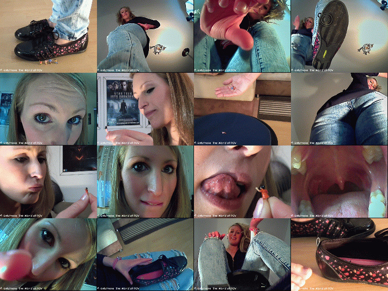 Some shrunken people try to get Joanna's attention, hoping for help. Unfortunately Joanna is bored, so she decides to play with this innocent family for her entertainment.
Great pov views, cool close ups, pov crush, butt crush, inshoe-crush (out-of-shoe pov), vore pov and a gorgeous girl - Enjoy!