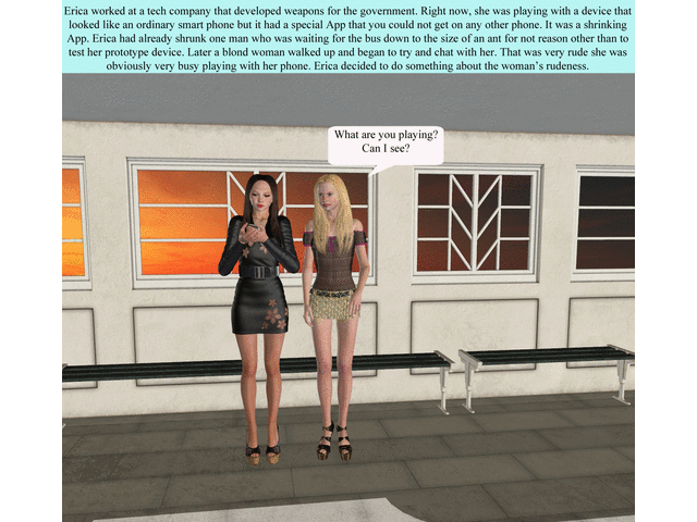 Detention
This is a 318 pic comic that includes shrunken women and shrunken men and even a 50 foot giantess at the end. This story starts with a woman who works for a defense technologies company who invents a device that looks like a smart phone but has the ability shrink or grow people. She uses the device on a man and a woman at the bus stop. One gets crushed the other eaten by a bird. (micro) Later she gives a device to her daughter, Emma and she brings it to school and she shrinks several people in detention. This story has foot crush, vore, insertion, sexual domination, unaware crush. Evil giantess fans should like this one. Micro fans should like it as well. I also have one guy who gets shrunk to around 10 inches or so. Also some breast feeding and spanking. Sex scenes with both sw and sm.
