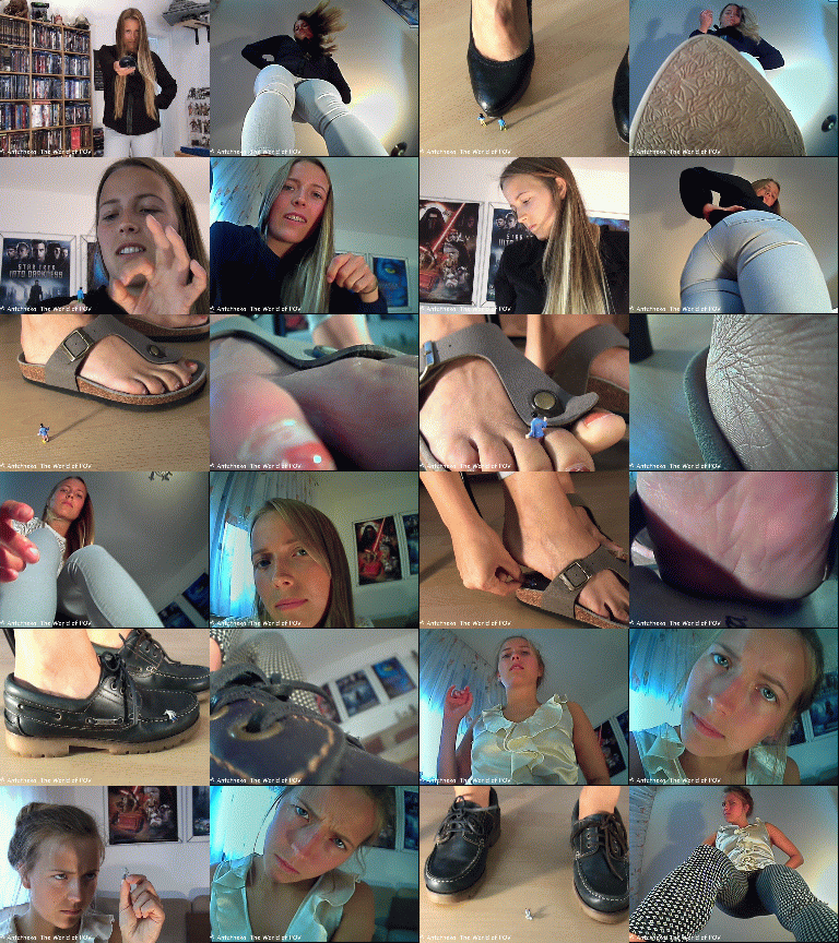 Three great movies with our gorgeous model Friederike!
In the first movie a shrunken man climbs up to her knee, but he get caught and punished.
Then Friederike shrinks her ex boyfriend and his new girl to have some revenge.

And in the last movie a little man climbs around her toes but he ends up inside her shoe under her heel.
Extreme close up, cool pov-views, crush, butt-crush, inshoe-crush and a very cute girl - Enjoy!