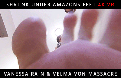 SHOT WITH OUR ALL NEW 4K VIRTUAL REALITY CAMERA! HIGHER QUALITY HOWEVER NOT FULL 360!

You've been shrunken under the feet of two of the tallest women you know! Vanessa towered over you at 6'3 and Velma at 6ft in real life, now you are only an inch tall as the two HUGE woman loom over your tiny body with their massive feet! Vanessa's size 12's and Velma's size 11's are so big you can't believe it! They threaten to crush you if you don't sniff and worship their feet at your new size. The walk around and over you as you are frozen to the spot. One false move and your life will be ended under their giant feet! You're in a bad spot and there's no escaping these amazons!