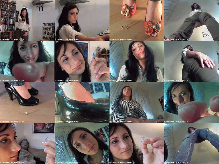 The first collection with Margret and some shrunken people!
In the first movie a shrunken man climbs up to her knee, but he get caught and punished.
Then Margret shrinks her ex boyfriend and his new girl to have some revenge.
Extreme close up, cool pov-views, crush, butt-crush and a very cute girl - Enjoy!