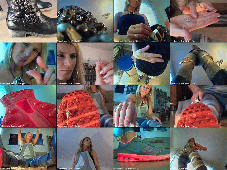 Two movies with our great model Kata and some shrunken people!
In the first movie a shrunken man climbs up to her knee, but he get caught and punished.
Then another little man tries to climb up her sneaker while Kata is doing some gymnastic exercises. At the end he get's accidentally crushed.
Extreme close up, cool pov-views, crush, accidentally crush and a gorgeous girl - Enjoy!