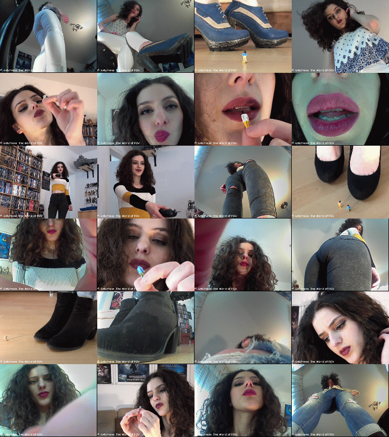 Three new movies with our cute model Curly and some shrunken people!
First a shrunken man climbs up to her knee, but he get caught and punished.
In the second video she shrinks her ex boyfriend and his new girl to have some revenge.
Then two shrunken people are lost in Curlys room - about to get crushed and eaten by this beautifull giantess.
Great close-ups, cool pov views, heels, boots, crush, butt-crush, vore pov and a very cute girl - Enjoy!