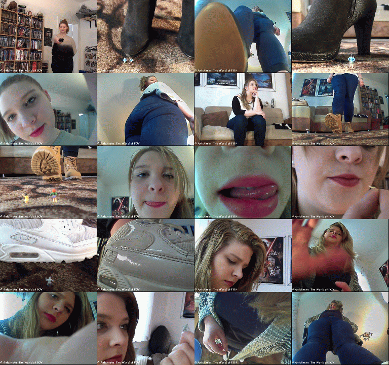 A new collection with Samy and some shrunken people.
In three movies many shrunken people get crushed by her sneakers and boots, crushed under her butt and also get eaten.
And Samy is having a great time - Enjoy!