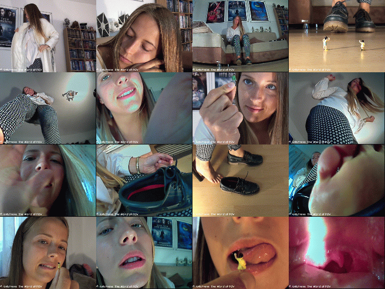 Friederike finds a shrunken family - and they are hoping for help. But she just wants to have some fun with them!
Great POV-Views, cool close-ups, crush, butt-crush, inshoe-crush (out-of-shoe pov), vore pov and a very cute girl - Enjoy!