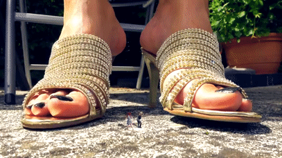 Lisa and Sarah pretend to be my best friends, but I’ve found out they’re after my job and my love interest behind my back. I shrink them with my newly developed perfume “Eau de Shrinkage” to take my revenge.

Lisa and Sarah at their tiny size become toys for my smelly feet. I give them several tasks to do and force them to lick and kiss my stinky feet and worship me as a goddess. Finally I make a competition out of it. They have to worship me for their tiny lives. The reward is being my foot pet for the rest of life, the loser will be crushed instantly.

Buy this clip to find out, who will win this humiliating competition. ;-)

This clip is a mix of aware and ignore and 100% for foot lovers.
Many beautiful close-ups of my dirty feet. Lot of SFX and some POV shots. Explicit and bloody crush at the end! ;-)
If you are into this RARE “shrunken women have to worship stinky feet” revenge scenario, this clip is for you!

Outfit: Black hair, black nail polish, white-black patterned dress, high heeled, golden sandals and sunglasses.