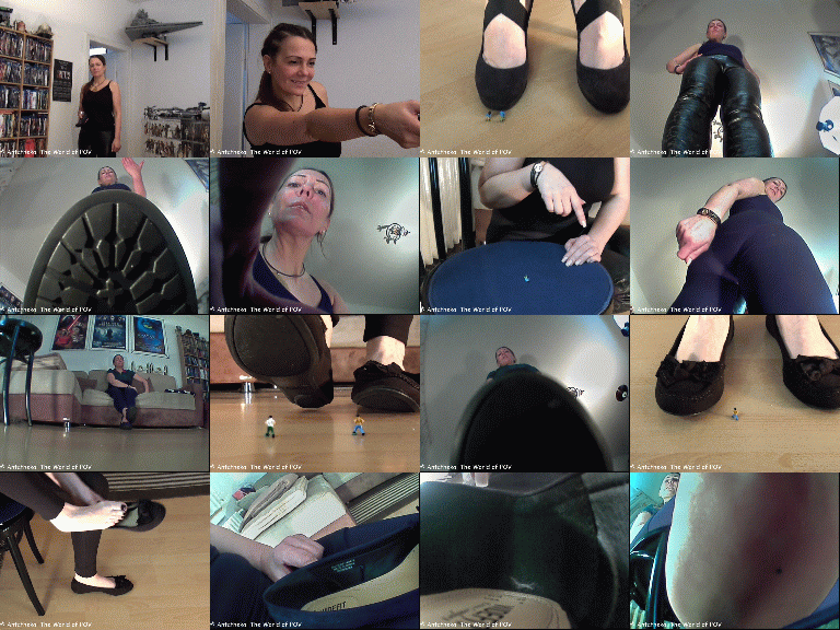 The first collection with Mone and some shrunken people.
Mone shrinks her ex boyfriend and his new girl - and now she's gonna have some revenge.
In the second video she finds two shrunken men. They get crushed under and inside her flats.
Crush, butt-crush and inshoe-crush (out-of-shoe pov) - Enjoy!