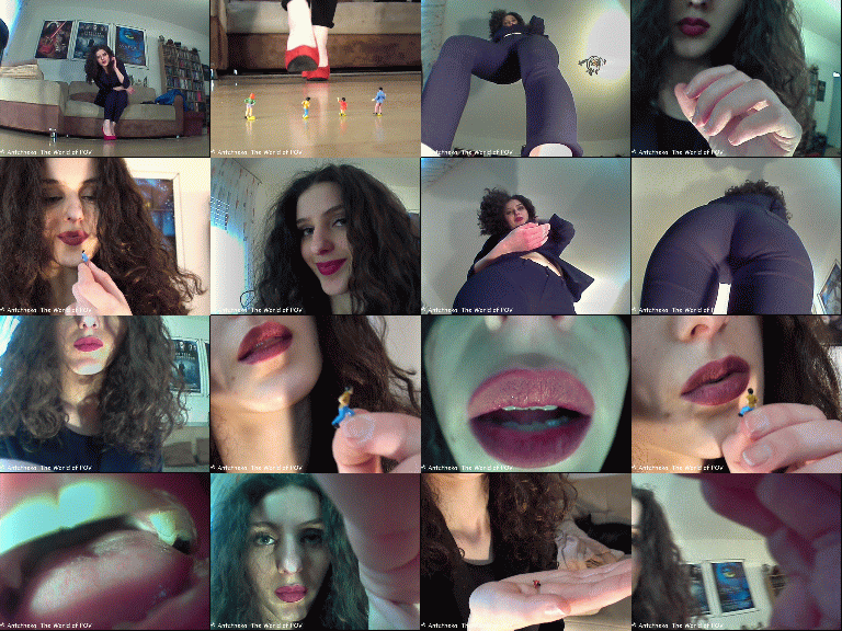 A shrunken family try to get Curly's attention, hoping for help. Unfortunately Curly is bored, so she decides to play with this innocent family for her entertainment ...
Great pov views, cool close ups, pov crush, butt crush, hand crush, vore pov and a gorgeous girl - Enjoy!