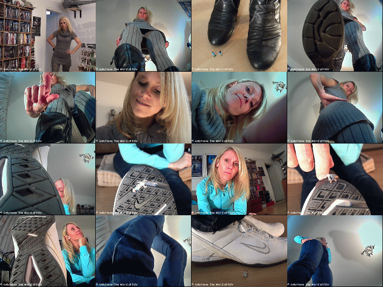 The first collection with Blue Star and some shrunken people.
Blue Star shrinks her ex boyfriend and his new girl - and now she's gonna have some revenge.
In the second video a little man tries to climb up the sole of her sneakers. At the end he gets accidentally crushed.
Crush, butt-crush and cool pov views - Enjoy!