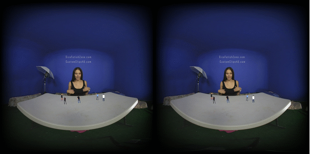 This one came out so good. I wish I could upload it in 3D. This is a 180 3D 4K video where @calilogan is your girlfriend and she knows you like to watch her crush tiny poeple so you are sitting at the other end of the table basically watching crushing/swatting tiny people with her hands. The Effect in 3D VR is so cool. Editing these means you have to do the FX twice since you have to line things up for each eye. I was so surprised with how well it worked. I have added FX to VR before but not 3D.

Sit down to watch this and be amazed at how cool the 3D and SFX  is.

Technical:
This is 4K h264 which is compatible with most headsets and VR setups. If your app does automatically do it choose (Side by side 180 stereo)  Might be called Left/Right 180 depends on your app

This video is tested to work on PC with GOM player but it plays in 2D on PC not 3D.  for 3d you need a proper VR headset for phone or PC.  Google Cardboard is cheapest way.