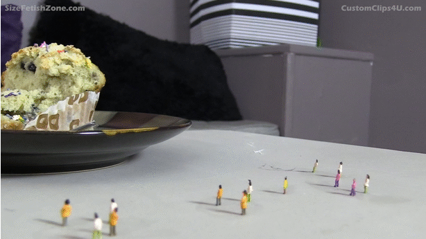 Muffin can be part broken up with tinies on top to imply that they are trying to steal some of her food.
<br><br>
Model walks in, not noticing as she steps on some tiny people. She sits down. Begins to eat the muffin, eating several tiny people. On her second bite she hears some tiny screams but is unsure where it's coming from. After her third bite she spots the tiny people. She talks to them and realizes that she has eaten people.
It tastes great, so she continues to eat. Taunting them and telling them they are no bigger than ants. 
<br><br>
Eating some more with tinies. From here she just eats the remaining people off the plate and coffee table. Lots of close ups (mixed with some views as a tiny person would see it from the coffee table. Eating tinies in ones and twos or in groups (mix it up).
<br><br>
Once the tinies on the table have been finished, walk over the last handful on the floor (tiny persons view), compare the tinies to the size of her heels. Placing her foot over the group, then pick them up and eat them.