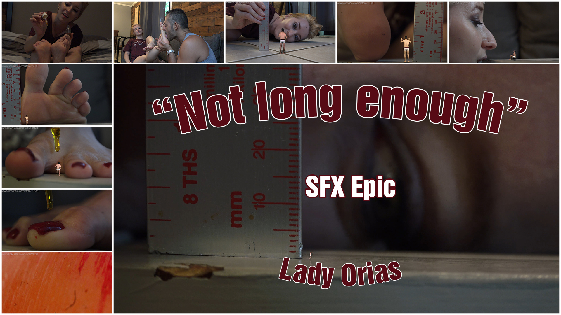 She was perfect, he always told her so. except one thing: Her toenails where never long enough.
<br><br>
Orias tried her best to satisfy her foot-perverted boyfriend, but no matter how hard she tried, he always had to bring up the toenails length issue. one day, after she let her toenails grow all summer long, she finaly thought he'll be happy and appreciate her. he worship her feet and keeps telling her how amazing she is...until he mutters something underneath his breath...
<br><br>
Orias snaps. she had enough. she'll make sure her toenails will be long enough for him...
v
during their time separated, she comes up with a special formula. she pours a few drops on her sexy toes and soles, and smile to herself. all she need now is to get him to lick her feet, and to have him in an aroused state...which shouldn't be too hard. after all, he haven't seen her for a while and kept bugging her about how he's sorry and how much he miss her. he's up for the ride of his life!!!
<br><br>
Foot-worship, Gradual shrinking to micro-size, and one of the best size-comparisons concepts I've ever made. a nice way to end the decade and start a brand new one! Enjoy! :)
<br><br>
foot fetish/foot worship
<br><br>
Shrinking
<br><br>
booming sounds/shakes
<br><br>
size comparisons/measuring
<br><br>
soles worship
<br><br>
Toes-climbing
<br><br>
micro
<br><br>
toenails worship
<br><br>
special effects/sound effects
<br><br>
pov