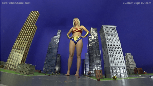 Backstory:
Wonder Woman got cancelled for her politics (you can insert your version here). She was kicked out of Justice league and the city stopped calling her for help. After awhile she remembered last year she put Dr. Sizemore in Gotham prison so she freed him and he thanked her by making her a Giantess with the powers of a Goddess she already had. Well as you can imagine Gotham does not have a chance.

The Video starts right were you think. Wonder woman eats and crushes people in her boobs and eventually destroys some buildings. She grinds on 3 of them then one with her boobs and one with her feet and the last with her ass.