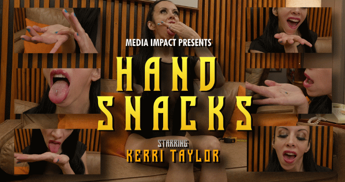 Have Kerri Taylor Use a ruler to measure herr hand. Use the tiniest microplastic people that you can find. Have 7 of them in the palm of your hand showing your palm and your face, as I have a hand fetish. Then show a close up of them in your palm. Say how tasty they look and put your face up to them in your palm and open your mouth wide and stick out your tongue. Then pick of them up and place the tiny person on your tongue. Then say the person taste good. Then open your mouth again with the tiny person on your tongue  Then swallow the person whole. Then open your mouth stick out your tongue and show the others that the person is gone. Then say that you swallowed them whole. Repeat this process with the next six people. At the end say they were good and rub your stomach. . Just pretend to swallow them and repeat the process with the rest of them. Show lots of shots with the people in your hand with your palm. 
