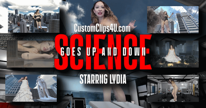 Lydia has taken part in a growth experiment and grows into a Giantess and attacks a city then she shrinks and struggles to get out of all the fabric but then she grows again and uses a Wedding dress from a Giant Statue advertisement to wear but then when she gets him she can not fit in her house but she shrinks and then goes home to bed comfortable in all the fabric.

Lydia Vengence, Giantess, Growth, Sfx, Crush, Shrinking, Booms, Shakes, Vore