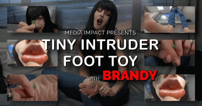 The video opens as Brandy walks in happy saying she finally found a tiny in her house and sits on a couch, opening her hand to see the super tiny figure. She picks him up and examines him close to her face and is very playful with him saying she's wanted a tiny for so long to keep as a toy pet and he can get started doing some work for her right away as she brings him to her feet and tells him to worship and massage between her toes. She uses him between each toe and then the soles with playful comments on how he feels between her toes and on her soles and how they would smell. Once she's done she leaves him on the ground putting her feet over him and it switches to pov.

From here, it's pov of the tiny as Brandy picks him up and decides to show what happens when he's a good little pet and begins giving him kisses and licks getting close to the camera as she gets and how into it she is since I love the closeup lens kissing and licking. She talks about getting him clean, how good he tastes, and having him help clean her teeth. This goes on for the rest of the pov until the end when she puts him in her sandal to sleep while she does a couple of chores.
