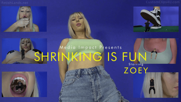 You’re talking to your boyfriend. You have the power to shrink him. First, you ask if he’s ready to have some fun then you shrink him. You act like your going to step on him and tease him a little for being so small. You tell him to jerk off to you and continue to keep telling him to jerk off through the whole video. Then you pick him up and kiss him and apologize and say you won't hurt him and give him a kiss. Then you stick him in between your breasts. You take him back out and then dangle him with your fingers in front of you. Then you lick him and tease him like your going to eat him. You then put him in your mouth and swish him around a little and then spit him out into the palm of your hand and laugh. You smile and love that he continues to keep jerking off to you. You keep holding him your hands and holding him by your fingers and showing him your beautiful blonde hair that he loves. You start putting your hair over top of him and laughing at how much he loves it and then tell him to hang onto your hair. When he hanging on you laugh and tell him don't fall it's a long way down. Then you grab him and then put him down on a table and then tell him that he’s now your tiny little pet. Then you take off your top and bra and you start telling him to do tricks like spinning around and rollover. Every time he does a trick you keep saying, good boy. Then the tiny man jumps off the table and tries to run away. You stop him. You act like you're angry at him for running away and then act like you're going to step on him. He then starts trying to run away again and then you get down on all fours and crawl to him and stop him by putting your hand down in front of him. You then tell him everything ok and you're not mad and won’t hurt him. You tell him that he is all yours and there is nothing he can do about it. After that you pick him back up and then lay down. You put him down on your leg and tell him to walk up to you. The tiny man walks up to her stomach and in between her breasts. Then she tells him he tasted so good earlier and tells him to jump in her mouth. He doesn’t so she picks him up and dangles him over her mouth and then drops him in. She swished him around again and then spit him into the palm of her hand. She sits back up and then tells him to cum for her in the palm of her hand and gives a countdown from 10 to cum. He finally cums for you and you tell him he’s a good boy for finally coming. Then you tell him that you like him small and you want to keep him that way as your tiny boyfriend forever. You give him a kiss and say don't worry I love you and will never cheat on you. You then put the tiny man in a jar and tell him that you’re putting him there to keep him safe. Then you say I can't wait to have more fun with you. Also, can the tiny man's name be Michael and call him that throughout the video.

Keywords: pov, sfx, zoey, handheld, kissing, vore, cleavage