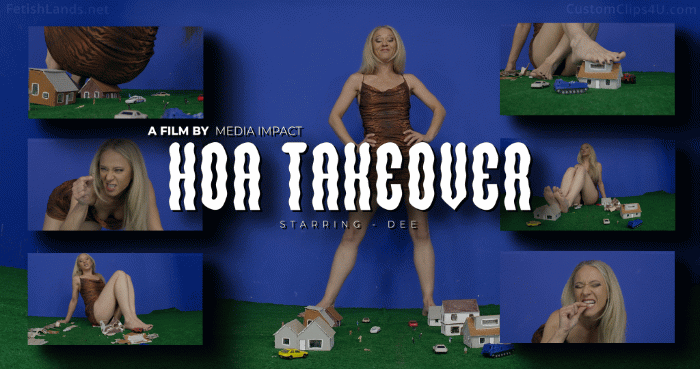 Custom request.
Dee has been harassed by her HOA and neighbors for a long time and after a lab accident, she is big and has come back for revenge. She eats and crushes them and then crushes the houses with her as sand feet. Please only sound FX are music and Booms and shakes at the beginning. No voices or people crush sounds. Please use two cameras wide and medium shots. No POV camera. 

Goddess Dee, feet, ass, booty, crush