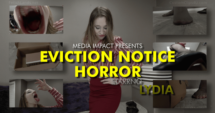 Tinies are scattered across a living room floor as BOOMING footsteps approach. Lydia enters the apartment, She stops at a shoe box on the floor. “Guess who, you little fucks!”. Lydia lifts the lid, revealing a miniature apartment complex inside. “You guys are unbelievable, you know that? I've got normal-sized tenants who are a FUCKING GOD-SEND compared to you!”. She kicks off her shoes. “I'm getting noise complaints from both neighbors! You're tiny! How the fuck is that even possible!?”. She lifts a nylon foot. “You suck at paying rent, you are a constant pain in my ass, and it's time I put my foot down”. Lydia destroys the tiny complex with CRUSHES, GRINDS, and HEAVY STOMPS. Everything is flattened. She picks up the box to toss it out, then stops. She spots a small hole in the bottom corner, big enough for the micro-guys to escape through. She looks down at the floor and all around her. “You wanna play you tiny little pricks? Okay, let's play!” Lydia paces the room, finding and SQUISHING individual tinies beneath her nylon feet. One she stomps fast, one slow, and the last in a POV tease and crush. She corners a cluster of micro guys, STOMPING the floor near them. Her nylon toes slide right up to them like a dump truck. “You've got one shot” her voice beckons. “Worship me. Show me you can beg for your lives, and maybe I'll let you be my slaves”. The half dozen tinies approach her toes and try to rub the colossal foot before them. Lydia watches them, and waits,  “Is that the best you've got? Fucking ants could do a better job!”. Lydia's foot raises and the tinies try to run. “We're done here”. She flattens them in one sweep, grinding their bodies into pulp with several swipes. She eyes the room, then spots a lone micro-guy. Lydia squats down and picks him up, eyeing him close with an evil grin. “Is it still bad if you're smaller than a tic-tac?”. She mulls it over for a second, then shrugs. “Meh!” she says before DEVOURING him. She swallows him, relishing the sensation of him sliding down her throat. Lydia hunts down the remaining tiny tenants, One guy is in her high heels. “No one ever said being a landlord was easy...” she says, looking down at us in POV. “...but at least I get to keep the deposits”. Her foot comes down on him, shrouding him in black. We hear the tiny screams as her foot glides perfectly inside the shoe, crushing him. She takes a second to enjoy the feeling, then does the same with her other foot. “Let me walk you, boys, out”. She exits in heavy BOOMING footsteps. The End
