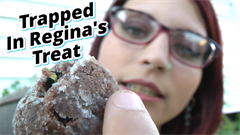 More never before seen classic Regina! When a tiny woman gets trapped in Regina's treat, the comparably Giantess sized girl is too eager for her snack. She eats away at her donut hole until finally it breaks apart and she discovers the shrunken woman inside! Unfazed by this, she just gathers up her treat around the woman and continues eating. Eventually the poor woman is eaten up by Regina and swallowed down. Wrapping up with Regina rubbing her exposed tummy.
