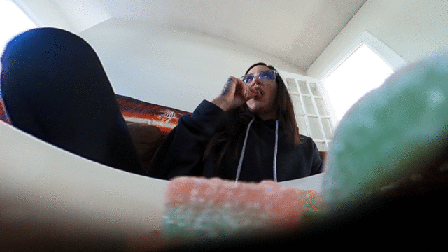 Note: This is a VR360 Clip.

Lauren Ashlyn has left some sugary treats out on the table for quite some time now. Thinking you can steal one without being detected, you make your move. However, you quickly find yourself stuck in the bowl when Lauren finally decides to come back. Initially, she doesn't notice you while watching TV, but eventually she finds you. Slightly perturbed and grossed out by this discovery, Lauren eats around you for awhile until she decides to give you a try...

Shot in 60fps slow motion. No dialogue. Warning about the audio: since she is watching TV, the sound/atmosphere can be a bit loud at times during the clip.