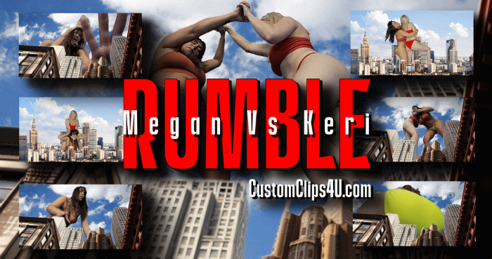 Megan Jones and Keri Spectrum star. Megan is a Giantess crushing and eating people and after 7min Keri tries to make her stop and they fight until finally Megan is defeated.

Megan Jones, Keri Spectrum, Crush, Cleavage,Giantess, Booms, Shakes, Hand Held, Vore, Ass