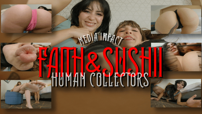 Faith and Sushii go from place to place collecting tiny people and tonight it is your turn to be part of their collection they slowly shrink you down teasing you all the way and after they get on the bed for more fun

lots of kissing, ass play, feet, in panties, and cleavage.