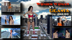 Wonder Woman, a towering giantess, was on a mission to find Giganta. After a determined search, she finally spotted her adversary and attempted to step on her. However, the ground beneath them unexpectedly split open, and Wonder Woman jolted awake, her room trembling. It had all been a vivid dream. But reality quickly set in as Giganta was indeed attacking the city, her colossal form tearing through buildings.Determined to confront the threat, Wonder Woman ascended to a rooftop, hoping to catch Giganta’s attention. She boldly declared her surrender, offering the city to Giganta. As Giganta lifted Wonder Woman into the air, an agreement was struck. Unknown to Giganta, Wonder Woman had cleverly snatched a strand of her hair, a crucial element for her plan.Back in her laboratory, Wonder Woman worked swiftly, using the hair to construct a growth ray. Activating the device, she grew to an immense size, surpassing even Giganta. With newfound strength, she seized Giganta and hurled her across the city. However, Giganta landed with a crash in the lab building, where she too found a way to enlarge herself, growing even bigger than Wonder Woman.In a colossal showdown, Giganta attempted to crush Wonder Woman underfoot. Yet, Wonder Woman managed to reach the lab once more, enhancing her size further. Both continued to expand, their forms eventually surpassing the planet itself. In the end, the two giantesses stood side by side, ready to rule the planet together, their rivalry transformed into an alliance of unparalleled might.

Keywords Ama Rio, Media Impact, Giantess, Super Hero, Hand Held, Booms, Shakes, Building Destruction, Growth, Special Fx, Giganta, Wonder Woman, Bare Feet, Boots