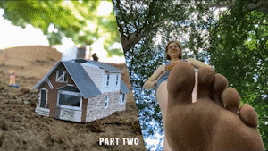 Another awesome chapter of Taren taking out some tiny people in the park. She's focused on their buildings now, crushing one house under her bare foot and sitting on a multi level storefront under her jean shorts. Like part one, this includes booms and shakes as her feet hit the ground, and some ultra slow motion moments as well! Still more to come!

This entire series features a mix of awesome shots, EXTREME POV style action of the crush scenes, and even some ULTRA slow motion moments.