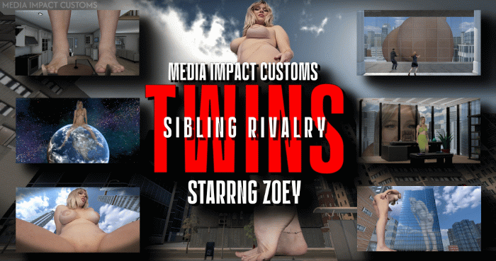 Zoey gets a pendant from her step-parents and grows and has a lot of fun, Her Twin sees this and gets jealous. Her Twin receives an ankle bracelet and that makes her grow and she also has fun and even sits on a city. At the end both of the twins become bigger then the earth but one of them grows a lot more.

Keywords Zoey, Giantess, Crush, Cleavage, POV, Ass, Booty, Hand Held, Sound Fx, Sfx, Shakes, Booms