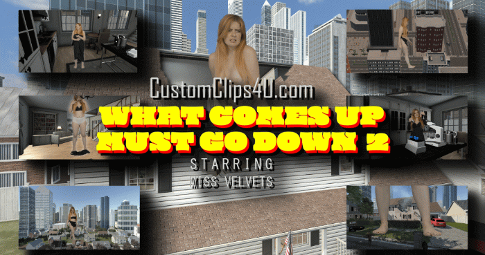 Velvets has two potions in front of her in her room, she does not know what will happen to her after she drinks it. She drinks the first one, and she begins to grow into a giantess after she walks outside of her house, her dress was destroyed during the growing process so she finds a giant blanket as a makeshift dress for her, she walks through the city in her giantess form for a while before returns to her home, outside her house, she shrinks back to her normal size and got buried by her oversized blanket dress, she crawls out of it and quickly wraps her naked body with the dress, then she walks away with the blanket. Then, Velvets returns to her room while still using the giant blanket to wrap around her body, she decides to drink the other potion since she thinks this will make her grow again, but this time, she begins to shrink after drinking it, she quickly shrinks down and buried by the giant blanket, she slowly crawls out of the blanket and sits on the ground while trying to use the giant blanket to wrap her. The video ends as she thinking what should she do to return to normal.

Miss Velvets, Velvets, Growth, Special Fx, Shrinking, Booms, Shakes, Crush