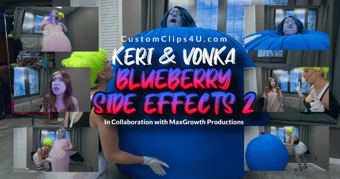 Vonka is Kerri's lazy roommate and sleeps most of the day Kerri complains and then tells Vonka not to take her experimental bubble Gum. Vonka decides not to listen and takes the gum and Kerri is counting on this and comes in to gloat. Vonka explains all the tastes she is experiencing as she turns blue.  Her boob expands and then her belly expands and she becomes horny while it is happening. Lastly, Vonka is now a Blueberry and begs Kerri to juice her. It ends with Kerri rolling her out. 

Growth, Body Inflation, blueberry inflation 