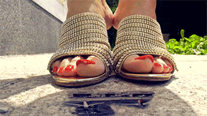 <h4>One Step Crushes an Entire Micro Airport</h4>

First it looks like a meteorological phenomenon, but then the whole airport has disappeared, including all the people and aircrafts. It materializes in Loryelle’s  Giantess Dimension. As soon as the micro people realize, where they are, they try to evacuate or fight against the giantess, who is strolling around in her garden.
<br><br>
Nothing can withstand her titanic feet, so many of the micro people get crushed unaware. Some of them were mistaken for bugs or ants, so there is no way to escape her sandals and barefeet. The giantess has fun to crush the whole airport at first, as she mistakes it for an ant hill. Then she hunts down the  tiny planes and helicopters and of course all the little people running around for their tiny lifes.

<h4>Unaware stepped on or mistaken for bugs</h4>
You will enjoy this clip, if you could die for watching my feet in sparkling, golden high heel sandals and my long, vermilion polished toe nails, stepping on micro people and aircrafts. This clip contains many high heel sandal crushes. Some barefoot crushes, a finger crush, a hand crush an a butt crush are also included. Watch my feet coming down on you in some exciting POV shots.