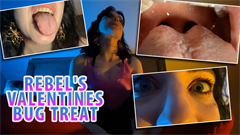 This would be a nice romantic time, if it wasn't for the fact that you're Rebel's shrunken stalker and she's planning to eat you! She's excited about the idea. Not only does she get rid of you, you get to be a part of her. You're so small, she just relates you to being a bug. After teasing you for awhile and telling you what she has planned, Rebel shows off her mouth and finally swallows you down with her iconic gulp. She rubs her belly over her clothes at the end. She's quite content with her Valentines treat.