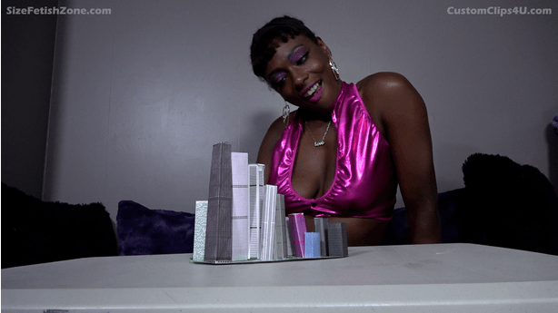 Paris has a Shrunken City to crush and mostly snack on. She eats people individually and also dumps contents of buildings into her mouth and eventually sits on them

Keywords: Giantess, MEGA, crush, vore, cleavage