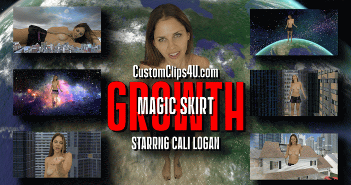 Cali Logan received a letter and a new skirt. She tries on the skirt and grows out of her house, She walks to the city and messes with some cars and a person and then she grows more and messes with the city and then she grows bigger than the country, and then the planet, and lastly the Universe.

Cali Logan, growth, booms, shakes, giantess