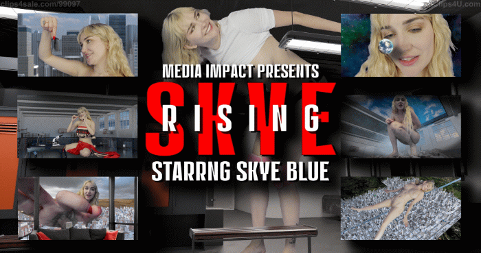 Scene 1
Skye is a college volleyball star who is 7 feet tall. She got a full-ride scholarship and a lot of fame for her tall frame. However, despite all the success, she’s really insecure about her height and wants to be a cute 5 foot something like most other girls. Not only did she get a scholarship for volleyball, but also in biomechanics. She is incredibly intelligent and decides to try to come up with a formula to shrink herself down. sitting crisscross on her bed, tinkering with beakers and test tubes

She then drinks an entire beaker and immediately starts feeling weird. She is shrinking. She is extremely delighted as her clothes become loose on her body. She gets down to 6ft, then 5.5ft, then 5ft, however, the effect continues as she gets even smaller. 3ft, 2ft, 1ft. She is now only a few inches tall in the middle of her bed, and her hair becomes undone. She begins panicking as she looks around the room to try to think of a plan. But before she knows it, she begins growing. She grows and grows until she is now 10ft tall. She has to bend over to not bump her head on the ceiling. She is extremely frustrated as she got the exact opposite results she wanted.

Scene 2
Skye is now in a locker room in a ponytail and her volleyball uniform, which is a white long-sleeve shirt, black booty shorts, knee pads, and running shoes. Her shirt should be tight and her shorts should only cover half her butt since she’s bigger now. Her shirt should fit her so there is a lot of underboob

She has a gym bag by her that contains more beakers full of liquid. As she’s getting ready for practice, she’s going over the events of last night and how annoyed she is that people keep asking her about her height. She takes out a beaker and insists that she made the right changes

She starts to feel funny and starts panicking, knowing what’s coming next. She can’t believe she messed up again and this is going to play out in front of her whole team. This time, however, she starts to grow. She rips out of her whole uniform, filling up the gym as she gets larger and larger. Her ponytail becomes undone. She grows to a height where she is hunched over like below (but with a much higher ceiling) trying not to break anything while trying to cover up.

Scene 3

Skye is still a giant in the same gym, sitting like below. She was given 2 championship banners to use to cover her breasts and groin. Her hair is down for the rest of the video. There is a (relatively) small table and lab equipment in front of her. She is trying to reverse the effects of the formula. She holds up the tiny beakers up to her eye, closing one eye to better see what she’s doing. She toys around until she believes she found the solution She has a jug of the formula and She chugs all of them at once, hoping that she’s drank enough to have it work on her huge body. She starts to feel weird again and, much to her displeasure, she starts to grow. The banners rip off her body and she busts through the roof. Have a shot of the camera angled below, with her whole body head to toe in the frame as she’s standing through the hole she made in the ceiling while her feet are still on the gym floor.

Scene 4
The scene starts with the camera now outside with Skye still standing through the ceiling. She’s still alarmed at what just happened, reflecting on how she should have just left things alone and stopped trying to play God. However, after hearing it out loud something catches her attention. She looks at her giant body and realizes “God, hmmm. Wait a minute, I basically am god! I don’t think I’m there yet, but I definitely know how to get there”. She bends down back into the hole in the ceiling to address people on the gym floor like below at the same low angle as before. “Make me more of that formula and do it now. Don’t try anything dumb or I’ll fucking crush you all. I’m only getting started.” The scene fades out.

For the rest of the video, include a lot of shots of her face & breasts

Skye is delighted but not satisfied with her size, but she assumes that some effects will kick in later. In the meantime she makes her way around the city, with her hands on her hips, looking down at people running for their lives. At this size, include the following:

4 instances of her holding someone up close to her face and speaking to them, shots like below. She ends the interaction by dropping them, eating them, or crushing them with her boobs.

Include a rooftop shot with her face, then her breasts taking up the entire view

Include a shot of her holding a bus like below before shaking people out and into her mouth

Include a shot from inside a skyscraper window of her looking in, teasing the people in there

Skye then grows again She continues her rampage.

Include 2 instances of her crushing buildings with her butt and 2 with her breasts

An instance where she grabs a plane out of the air and talks to it before eating it, same fashion as when she held people at her previous size

Include an overhead shot with her lying on the buildings as she flails around like she’s playing in the snow

In that same camera angle, have her roll over into her stomach and start poking around with her finger. Her legs should be swaying like below

Change the camera angle back to normal with her continuing to poke around.

Skye stands up and grows again

Her rampage continues

Include a shot of her crushing a city

Include an instance of her inspecting a city. The city should be the size of a tiny person

Include a shot of her lounging like below, just observing the landscape and taking in how huge she is before using the foot to casually crush a city, Her dialogue should not be interrupted by this crush, it’s just casually done as she’s speaking.

End this part with her reminiscing on her journey. How at one point she was 3 inches tall and now she's big enough to destroy the whole planet. She wishes she had played around with formulas sooner, and how it was such a waste of time to just be a normal person now knowing that she had the intelligence to make herself a god.

Scene 5
After her speech, she casually says “Oop, it’s time to grow again” before standing up and Gowing. She grows and grows, outgrowing the planet. She’s so big the Earth is the size of a volleyball to her now. She begins posing with the planet holding it like a volleyball. She makes a bunch of jokes and continues to boast about her power.


She grows one last time, with the shot being Skye’s whole face behind the Earth. No black space should be visible. Both her eyes, nose, and lips should be visible. Her breasts then replace her face in frame, as she shakes them, commenting on how big they are compared to the tiny planet

Zoom out to get her whole body in frame. The scene fades back as she just quietly giggles.


Skye Blue, Giantess, Growth, Ass Crush, POV, Booms, Shakes, Boob Crush, Vore, Building Crush, Mega Giantess