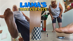 Liama has just got back from a weekend vacation and she finds a tiny made of paper cups on her kitchen floor! Of course, she's too exhausted to be nice so she just gets to stepping on them to get rid of them. Her big dirty feet crush their paper cup buildings, she grabs up cars with her toes, and she smushes tiny people with her hands. All the while, gathering up the "trash" in the paper cups she's destroyed. Plus all the booming footsteps you've come to love! It's your usual fun adventure with the genres most mature giantess!