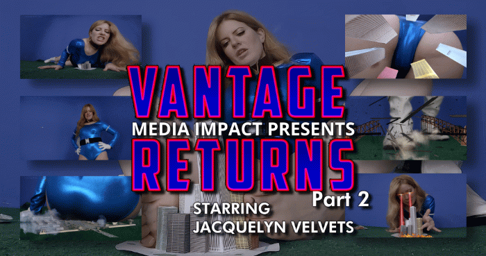 Vantage's serum was not stable, it still grows to dominate the surrounding cities. Surprised, she decides to take advantage of it, she will first destroy the bridge allowing the inhabitants to flee. Then planes and tanks attack her, but already they couldn't defeat her when she was normal size, so when they are just the size of one of her toes, it's impossible, that amuses her a lot, however, she decides to ignore them and go directly to attack their base. On the way, without doing it on purpose, she destroys several planes and tanks while moving. She sits on the military base. It then begins the destruction of cities. She first takes a moment to amuse herself with people who are trying to flee, before crushing them, for each city, she uses a different means, fists, hands, feet, ass and breasts. For the last, she shows them how much she was holding back, her eyes turn red and she causes a fire with red laser, She concludes by saying that it's much more fun to be a supervillain after all.

Jacquelyn Velvets, MEGA, pov, crush, ass, boobs, feet, sfx, 