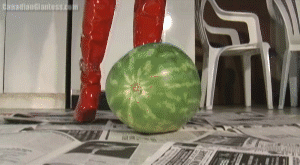 Wanting to have some destructive fun, Tenshi decides to stop on a watermelon in her high heeled boots! She quickly makes a few holes, and manages to break it in half. Then she start wandering about and squishing out the parts that lay around the floor. This video used to be on Food Crush World and this is it's first time being shared on Size Fetish Zone.

