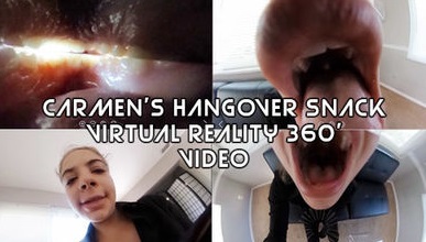 Goddess Carmen has kept you in her house for a while now, as her little shrunken pet. She enjoys tormenting you at your tiny size. SHe picks you up as you gaze around the room. Your giantess holds you in her hand as she starts to feel her tummy rumble. She could just eat you up! Infact she wants to taste you. Putting you into her mouth and feeling you on her tongue. You are a little salty, after all you must be sweating a lot. She wonders what your final taste will be once she chews you up and swallows you. Maybe a sandwich? Who knows. She continues to hold you in the air and looks at you as she dips you in and out of her mouth. You freak out as her teeth slowly close down around you, you lok back at your prison, but she pulls you out just in time. You are delicious to her, especially in her hungover state. Should she chew you up or just swallow you whole? Find out and see.  PLEASE NOTE: This is strictly a 360' VR video! It can ONLY be viewed using a VR Headset or the Theta 360 software on your computer. DO NOT BUY IT if you do not know what this means!
