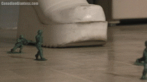 Val has come across a tiny army invading her kitchen. With her hefty white boots on she sets to squishing each soldier and then their tank underfoot.
