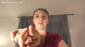 Rachel tells you that she's tired of you and then shrinks you down. After picking you up off the floor she explains that she's going to eat you. She talks to you occasionally as she prepares to swallow you down, sometimes showing off her mouth and breathing her warm breath over you, fogging up your vision. Finally at the end she shows you one more time, then begins to bring you in.
