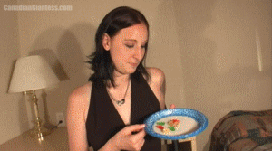 Monika Maple has shrunken down some of her coworkers and turned them into jelly people. Now at home she's ready to finish them off for annoying her. She starts with one but then puts more at more into her mouth at once. Finally she finishes off the last three at the same time and rubs her stomach, satisfied with her revenge.