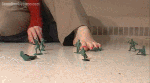Two days in a row, Samantha comes home to her apartment and finds tiny people on her floor. The first set she takes out by flicking them and stepping on them barefoot while letting one watch from her cleavage. The next day she finds a tank and a few soldiers left. Those she finishes off under her sneakers. The barefoot squish day is over four minutes and the sneaker crush is just over two minutes.

